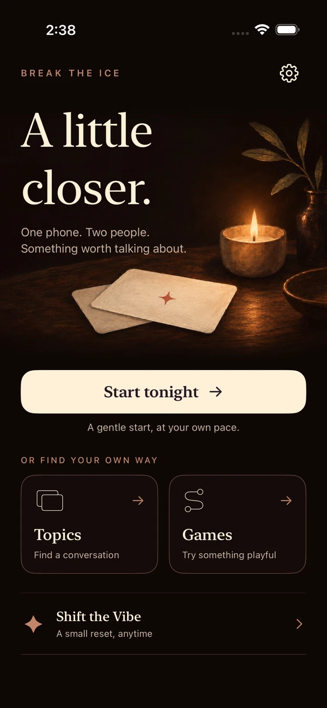 Break the Ice app home screen with Start tonight, Topics, and Games