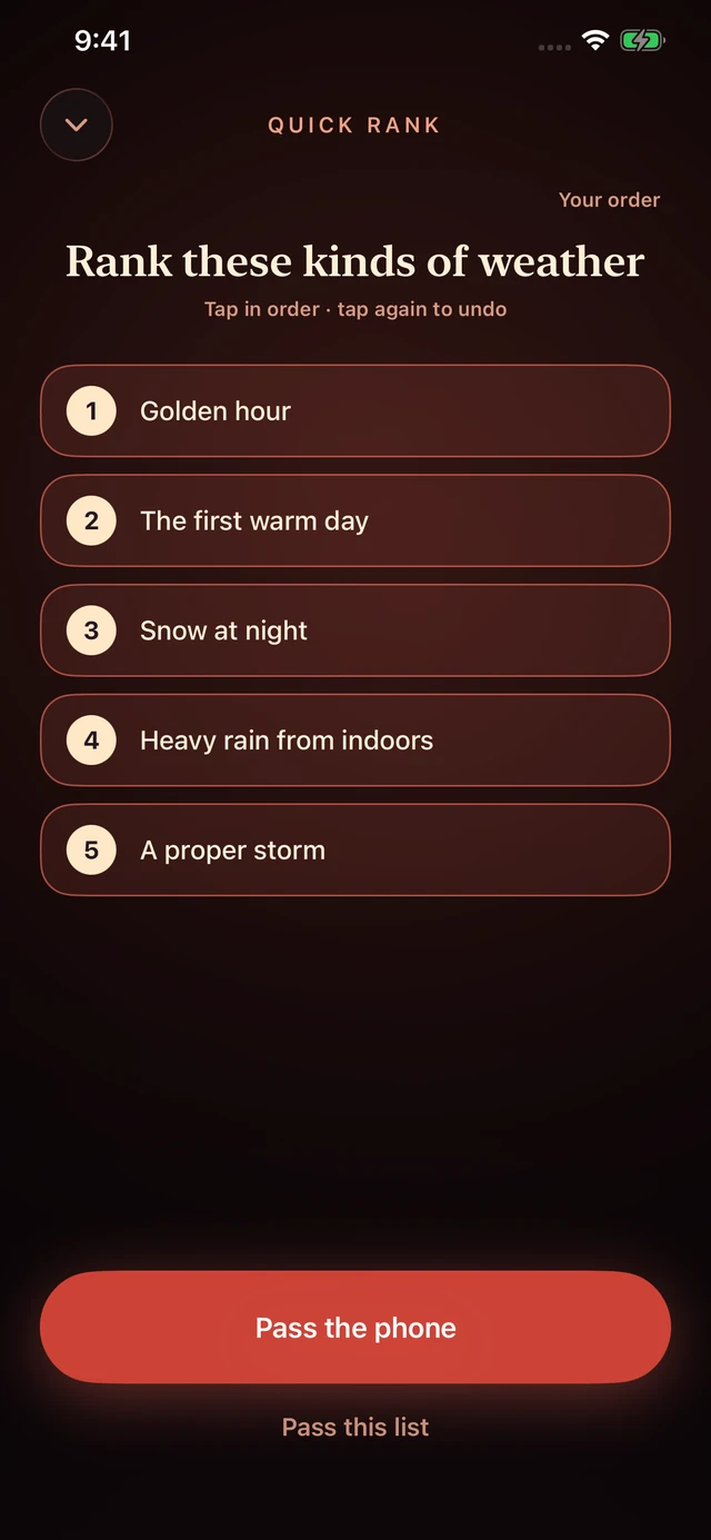 Quick Rank game with a ranked weather list and Pass the phone action
